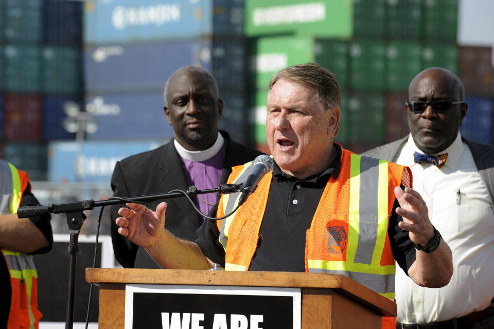Teamsters labour union James P. Hoffa speaks at a news conference regarding truck drivers striking against what they say are misclassification of workers at the Ports of Long Beach and Los Angeles in Long Beach (Bob Riha Jr / Reuters file)
