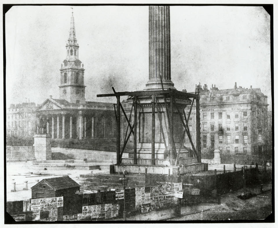 Nelson's Column under Construction, Trafalgar Square, London', first week of April 1844. Salt paper print from a calotype negative by William Henry Fox Talbot (1800-1877). This image suggests industrious advances in the construction of the column. However, when Talbot took this photograph the building work had actually been halted while the government took over the project from the building committee whose funds had run out. Talbot invented the negative/positive process for making photographs between 1835 and 1839. Any number of prints could be made of a single image from the negative. Dimensions: 225mm x 187mm. (Photo by SSPL/Getty Images)