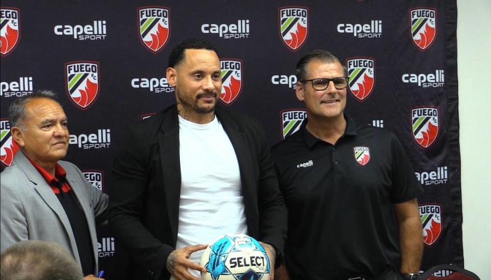 Central Valley Fuego FC head coach Jermaine Jones, middle, with Fuego sporting director Adam Smith, right and Brand Ambassador Alfredo Guzman on Monday, Nov. 6, 2023.