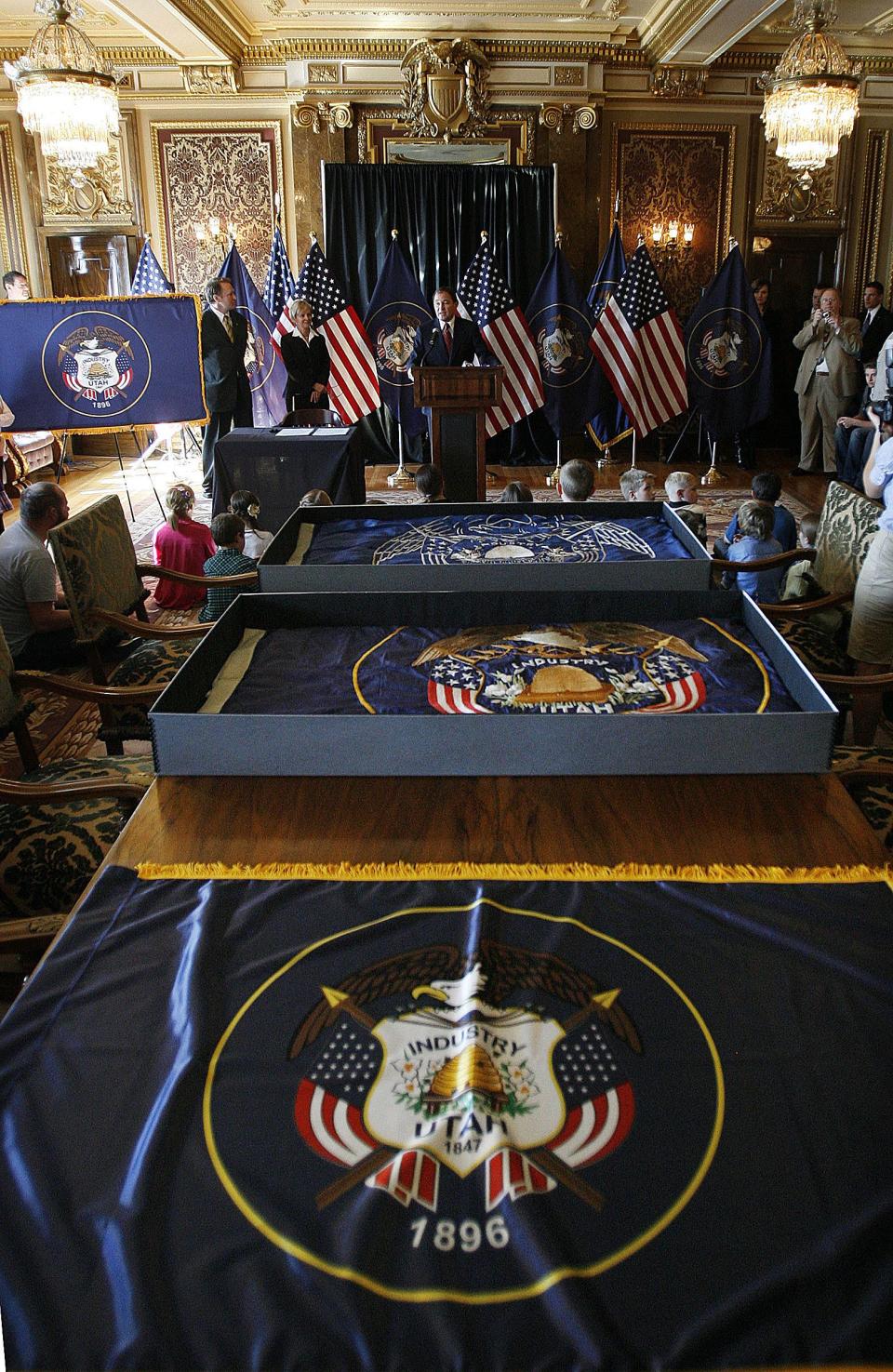 Gov. Gary Herbert participates in a ceremony to sign HCR 2, which corrects errors in the state flag when it was redesigned in 1922. | Ravell Call, Deseret News