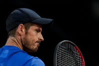 Andy Murray, of Britain, looks on against Dominic Thiem of Austria during their match at the Mutua Madrid Open tennis tournament in Madrid, Spain, Monday, May 2, 2022. (AP Photo/Manu Fernandez)