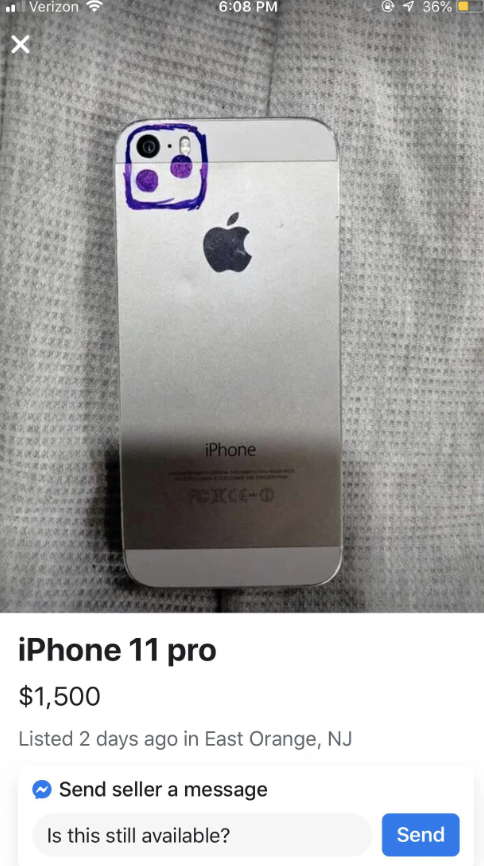 An iPhone with a hand-drawn extra camera on the back is listed for sale for $1,500 on Facebook Marketplace in East Orange, NJ