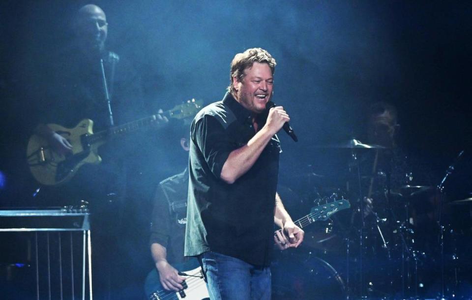 Singer Blake Shelton performs, bringing his Back To The Future Honky Tonk Tour to the Save Mart Center Thursday night, March 21, 2024 in Fresno.