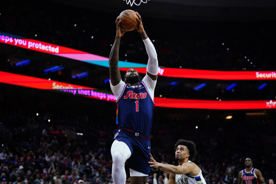 Philadelphia 76ers' Andre Drummond goes up for a dunk during the second half of an NBA basketball game against the Milwaukee Bucks, Tuesday, Nov. 9, 2021, in Philadelphia. (AP Photo/Matt Slocum)