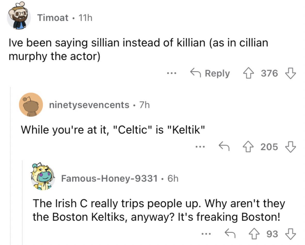 Reddit screenshot of someone mispronouncing Cillian Murphy.