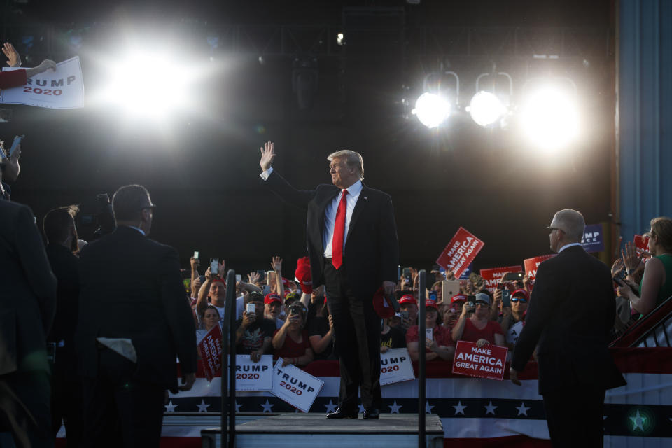 President Donald Trump arrives to speak to a campaign rally, Monday, May 20, 2019, in Montoursville, Pa. (AP Photo/Evan Vucci)