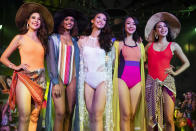 (L-R) Top 10 finalists of the 2019 Miss Universe Singapore Annika Xue Sager, Laranya Kumar, Lia Tan, Cheryl Yao and Bernadette Wu-Ong competing in the swimwear segment.