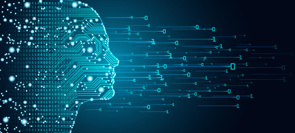 Big data and artificial intelligence concept. Machine learning and cyber mind domination concept in form of women face outline outline with circuit board and binary data flow on blue background.