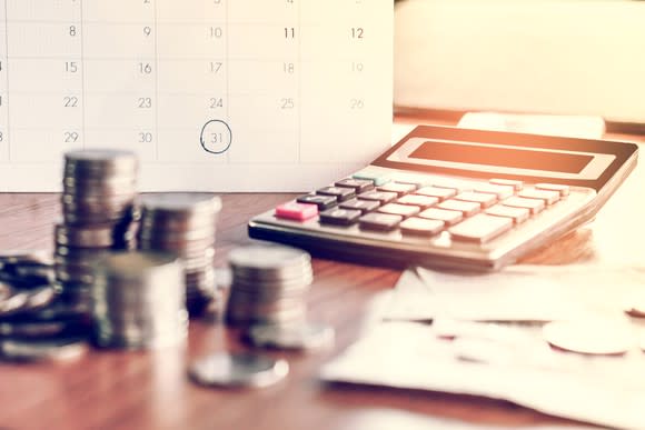 Calculator and coins on desk with calendar.