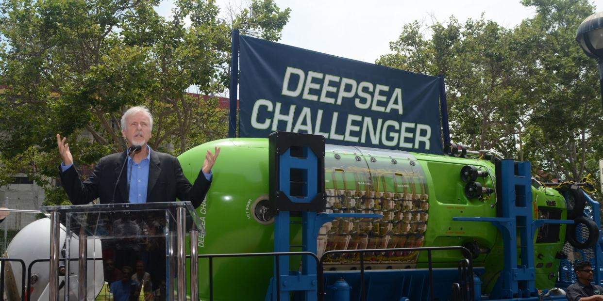 Director James Cameron on stage with Deepsea Challenger at California Science Center on June 1, 2013 in Los Angeles, California.