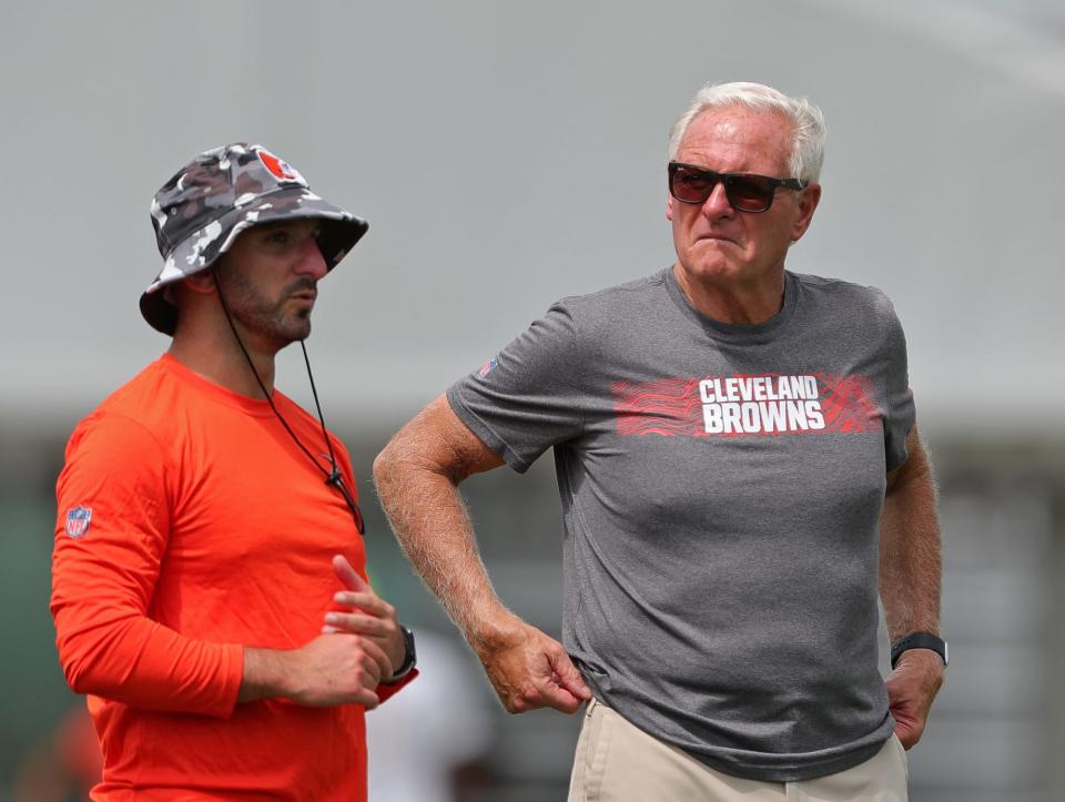 Cleveland Browns owner Jimmy Haslam watches his team practice during the NFL football team's football training camp in Berea on Aug. 1, 2022.
(Credit: Jeff Lange, Akron Beacon Journal)