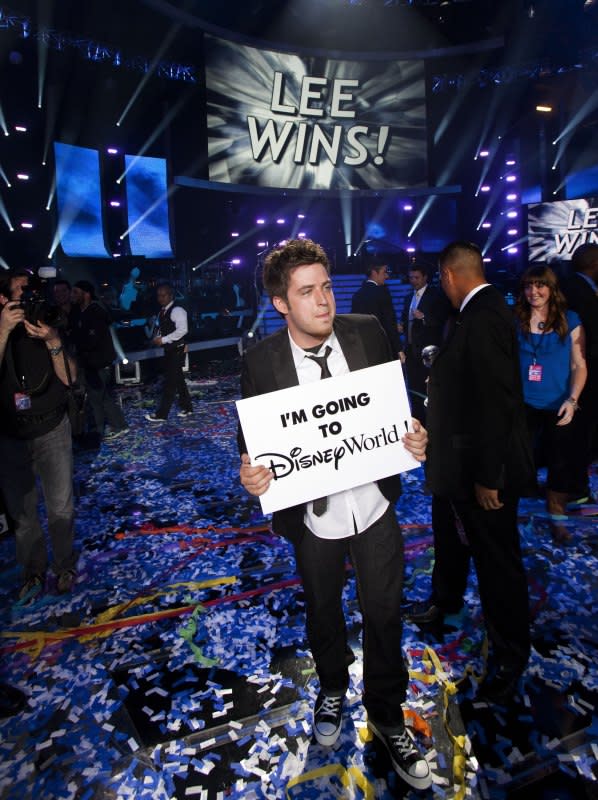 Lee DeWyze tapes a celebratory television commercial for Disney Parks immediately after being crowned the newest "American Idol" on the show's season finale at the Nokia Theater on May 26, 2010, in Los Angeles.<p>Handout/Getty Images</p>