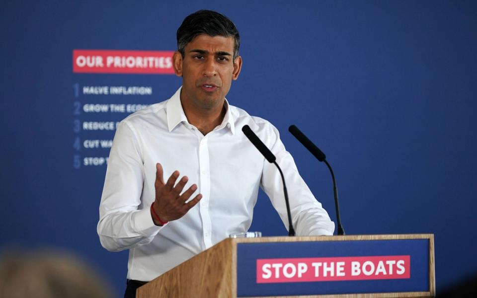 Rishi Sunak, the Prime Minister, is pictured holding a press conference in Dover this morning - Yui Mok/PA