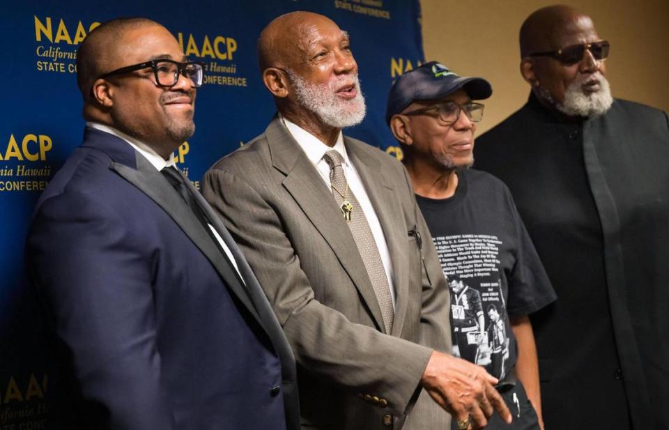 California Hawaii State Conference NAACP President Rick Callender, left, stands for a photo with honorees, from left, Olympic bronze medalist Dr. John Carlos and 1967 Olympic Project for Human Rights co-organizers Dr. Kenneth Noel and Dr. Harry Edwards before the Legacy Hall of Fame Ceremony on Saturday, June 24, 2023, at the Sheraton Grand Sacramento Hotel downtown. Olympic gold medalist Dr. Tommie Smith was also honored, represented by friend Darrell Goode.