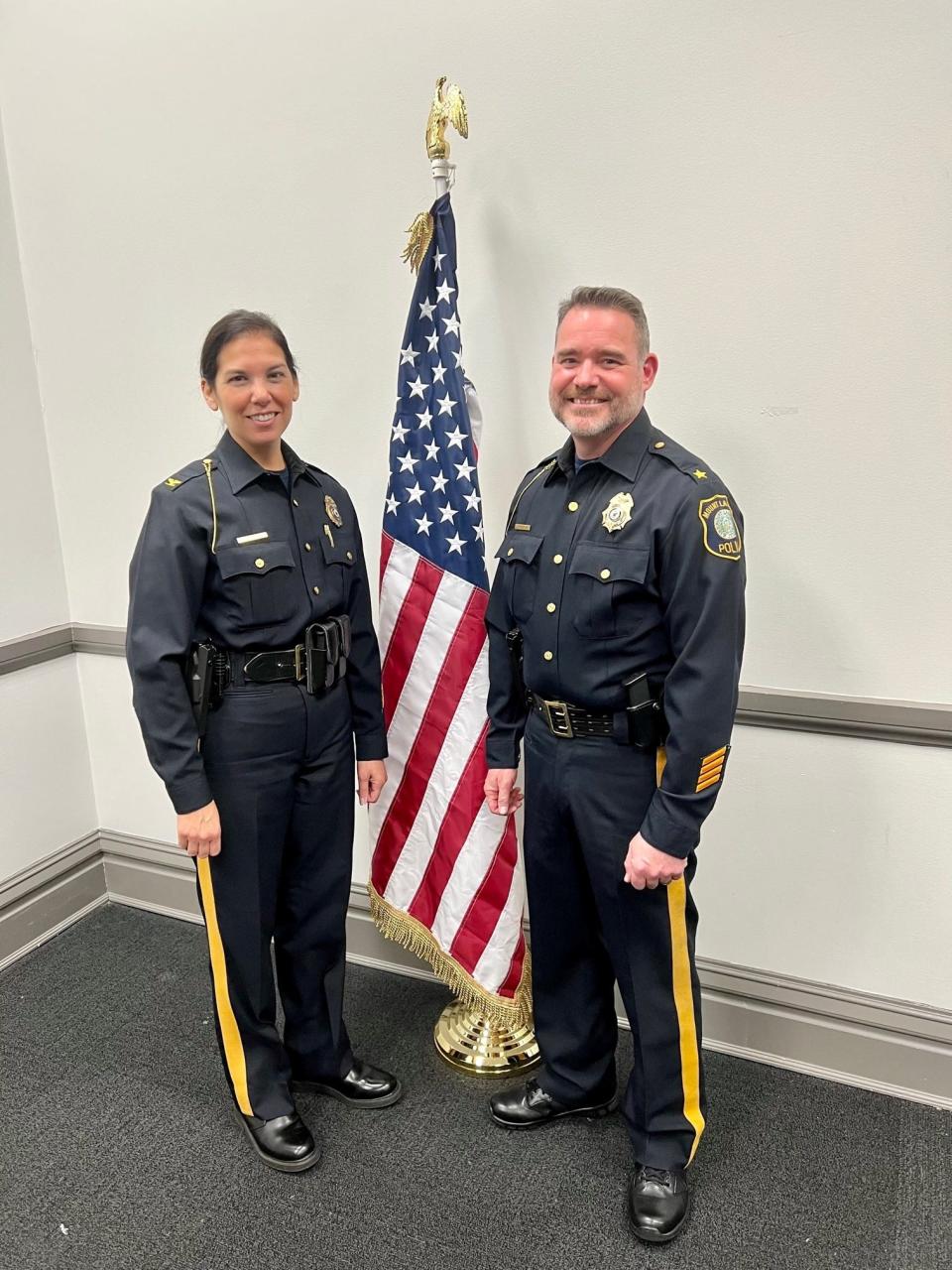 The new Mount Laurel police chief, Judy Lynn Schiavone, left,  and her predecessor, newly retired chief Stephen Riedener.