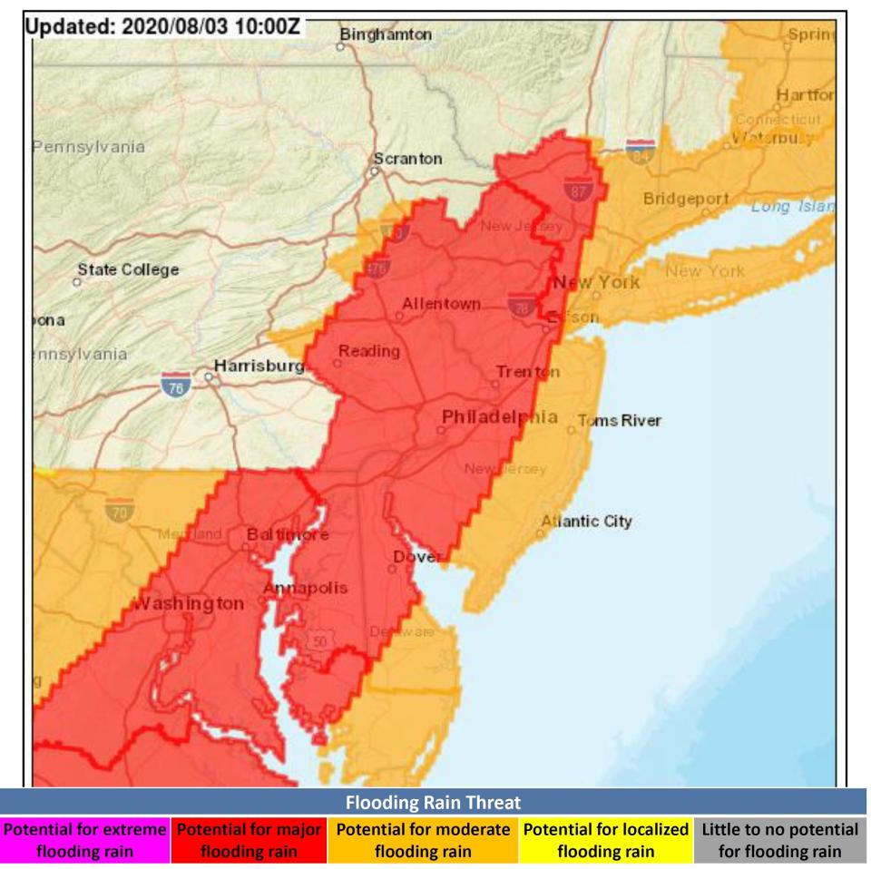 There is widespread potential flash flooding in New Jersey on Tuesday from Tropical Storm Isaias. (National Weather Service Mount Holly office)