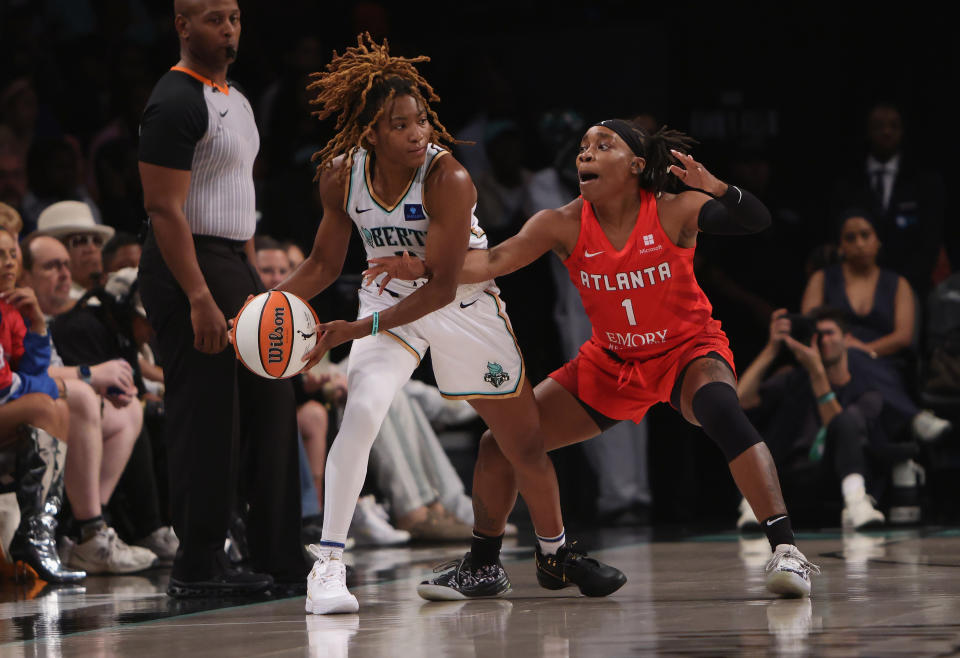 NEW YORK, NEW YORK - SEPTEMBER 19: Jaylyn Sherrod #0 of the New York Liberty plays against the New York Liberty at Barclays Center in the Brooklyn borough of New York on September 19, 2024. NOTE TO USER: User expressly acknowledges and agrees that by downloading and/or using this photograph, user agrees to the terms of the Getty Images License Agreement. (Photo by Bruce Bennett/Getty Images)