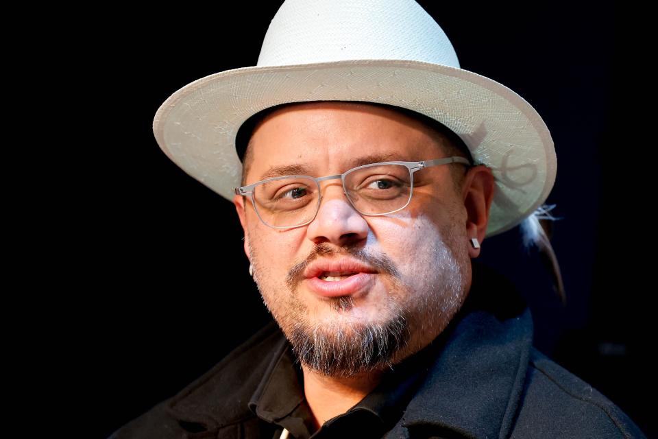 Sterlin Harjo, Reservation Dogs co-creator, speaks at the Oklahoma Contemporary Arts Center before receiving the ArtNow 2023 Focus Award in Oklahoma City, on Thursday, Jan. 11, 2024.