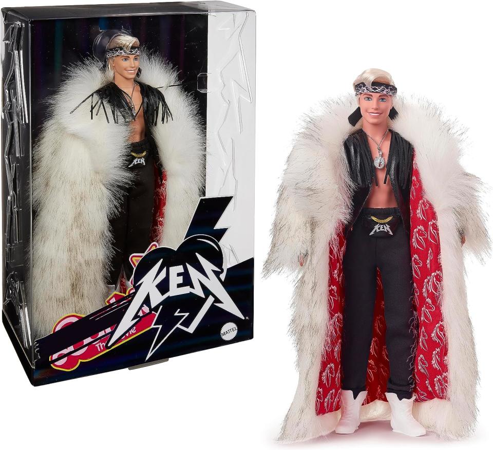 ken doll with giant fur jacket, bandana and vest