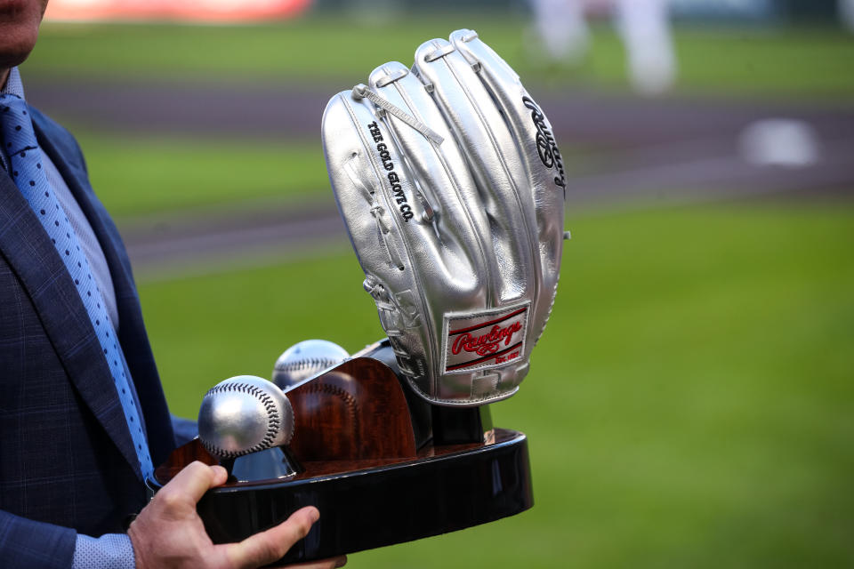 MINNEAPOLIS, MN - APRIL 11: A view of the Platinum Glove award that was given to Carlos Correa #4 of the Minnesota Twins before the start of the game at Target Field on April 11, 2022 in Minneapolis, Minnesota. The Twins defeated the Mariners 4-0. (Photo by David Berding/Getty Images)