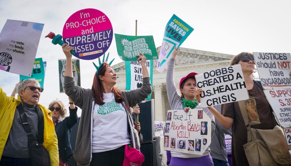 Protestors rally outside the Supreme Court as the justices hear oral arguments in Idaho v. United States on April 24, 2024 in Washington, DC. At issue in the case is Idaho’s Defense of Life Act, which prohibits abortions unless necessary to save the life of the mother.