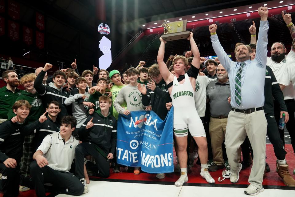 Delbarton, shown celebrating its 30-22 win over St. Joseph (Montvale) in the NJSIAA Non Public A championship match this past Sunday, finishes as the No. 1 ranked team in the New Jersey Wrestling Writers Association Top 20.