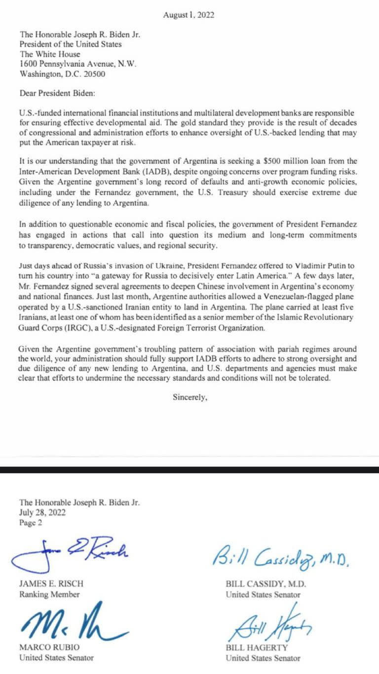 Carta enviada por un grupo de senadores republicanos al presidente Biden