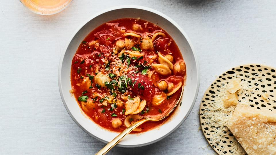 Quick and easy, this is one comfort food recipe you won't be able to get enough of. Make a big batch and you’ll have a healthy dinner that lasts all week. <a href="https://www.bonappetit.com/recipe/brothy-pasta-with-chickpeas?mbid=synd_yahoo_rss" rel="nofollow noopener" target="_blank" data-ylk="slk:See recipe." class="link ">See recipe.</a>