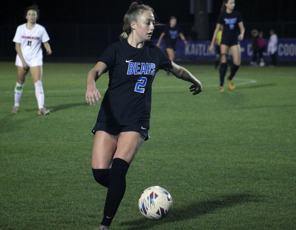 Bartram Trail midfielder Grace Ivey (2) dribbles upfield against Creekside in the FHSAA Region 1-7A high school girls soccer final.