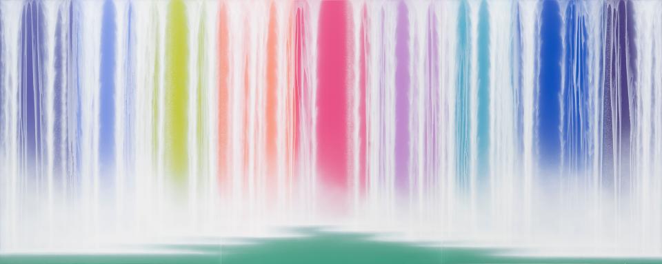 Hiroshi Senju's 'Waterfall on Colors, 2022,' features pigments on Japanese mulberry paper mounted on board. It is available from Sundaram Tagore Gallery, New York