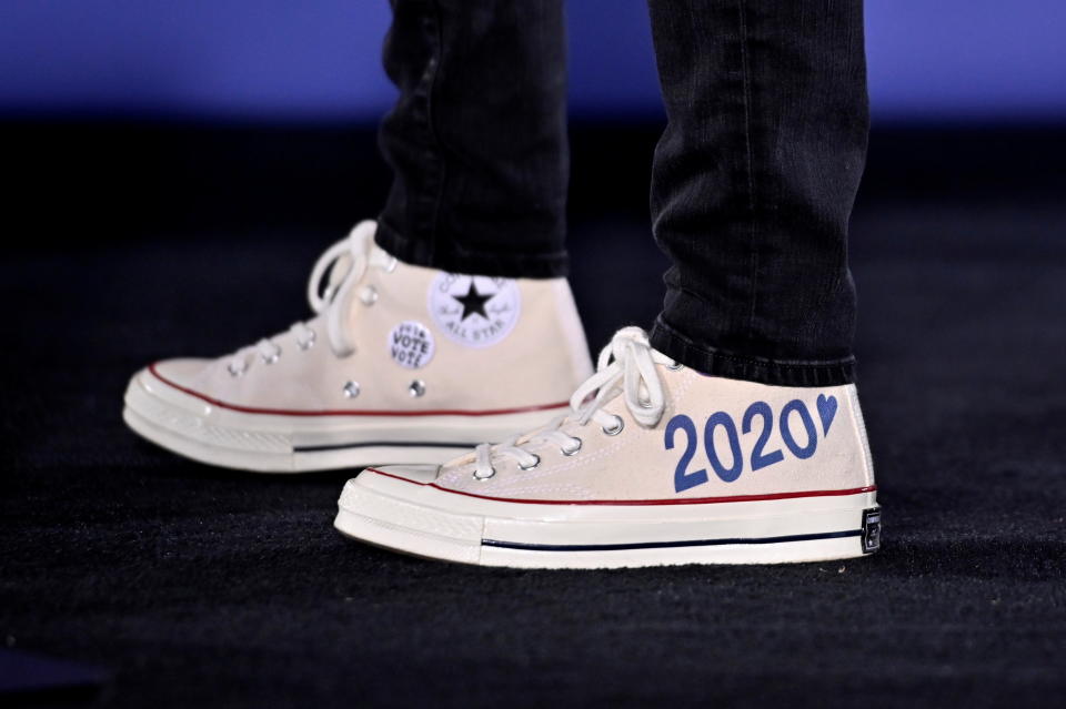 Kamala Harris wears customized Converse Chuck Taylor sneakers in October. (Reuters/David Becker)