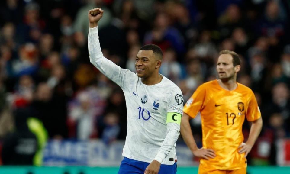 Kylian Mbappé celebrates a goal during France's qualifying win over the Netherlands in March.