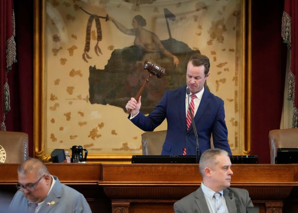 House Speaker Dade Phelan presides over the debate of SB4, which seeks to increase the mandatory minimum sentence for human smuggling and operating a stash house to 10 years prison, at the Capitol on Wednesday October 25, 2023.