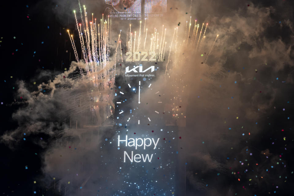 Fireworks are set off at midnight during the Times Square New Year's Eve celebration, early Saturday, Jan. 1, 2022, in New York. (Photo by Ben Hider/Invision/AP)