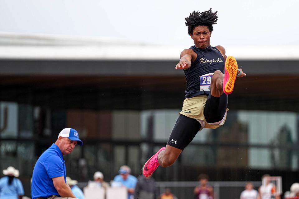 Kingsville's Jasiah Rivera is airborne in the Class 4A long jump. Classes 5A and 6A will compete Friday and Saturday.