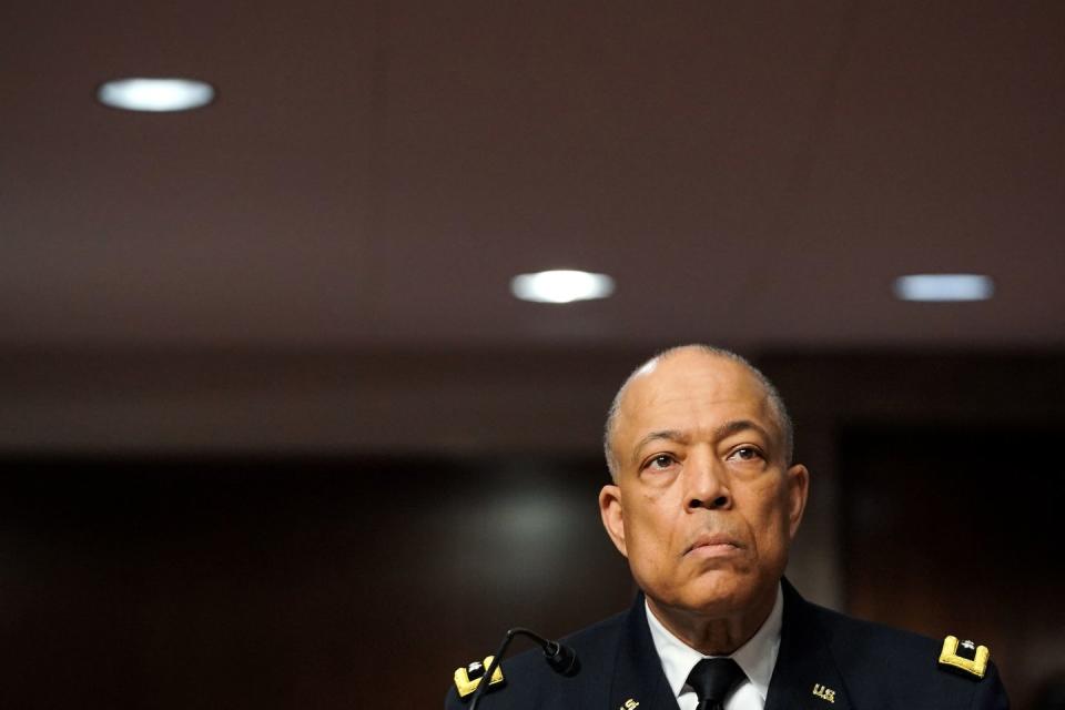 washington, dc march 03 army maj gen william walker, commanding general of the district of columbia national guard answers questions during a senate homeland security and governmental affairs senate rules and administration joint hearing to discuss the january 6th attack on the us capitol on march 3, 2021 in washington, dc the committee is scheduled to hear testimony about dhs, fbi, national guard and department of defense support and response to the attack on the us capitol on january 6 photo by greg nash poolgetty images