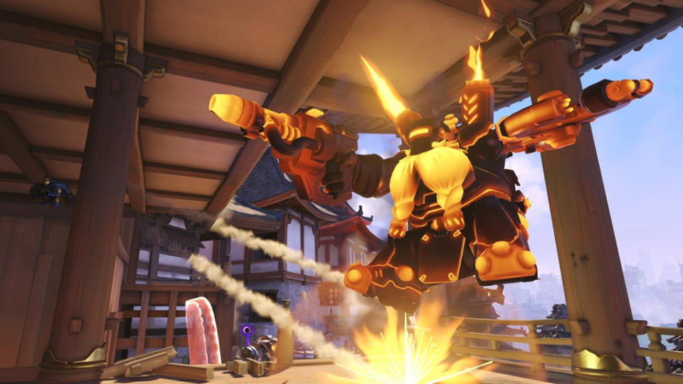 Torbjörn jumping while rockets explode all around him