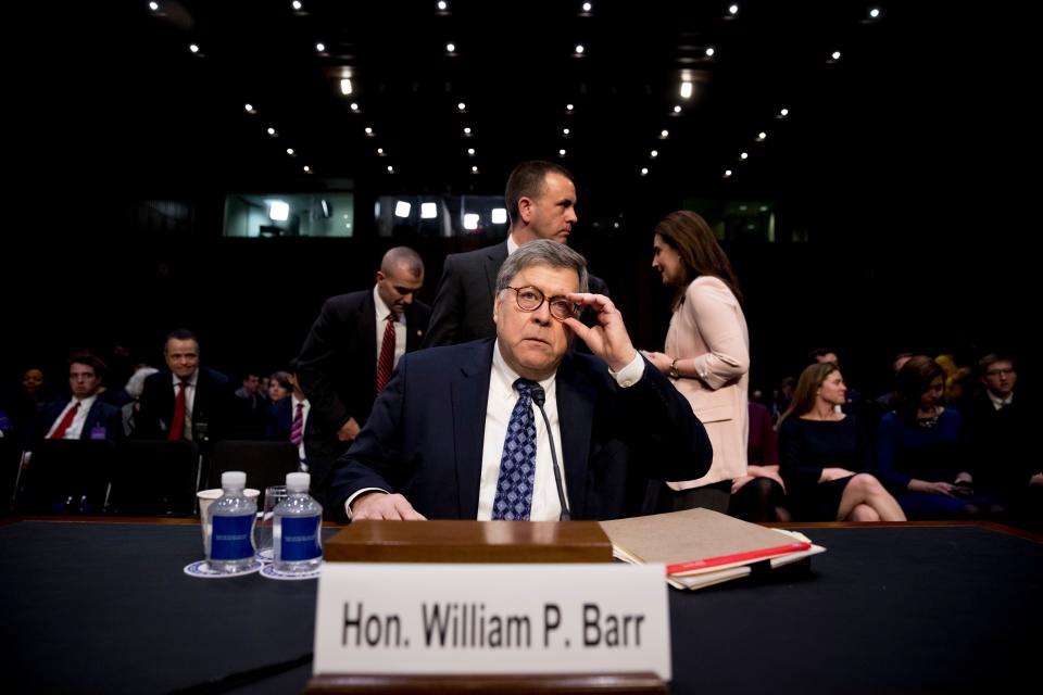 Attorney general nominee William Barr testifies on Jan. 15, 2019.