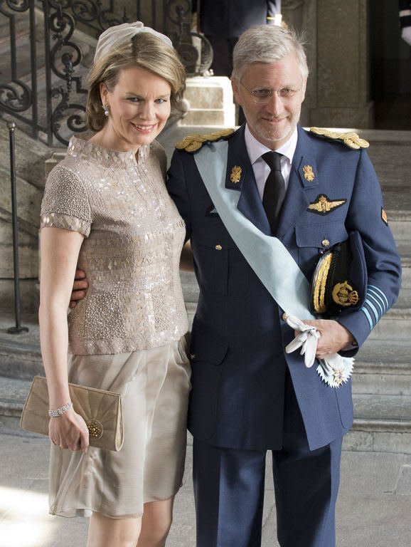 Belgium's Crown Prince Philippe (R) and Princess Mathilde arrive at the Royal Chapel in Stockholm, May 22, 2012