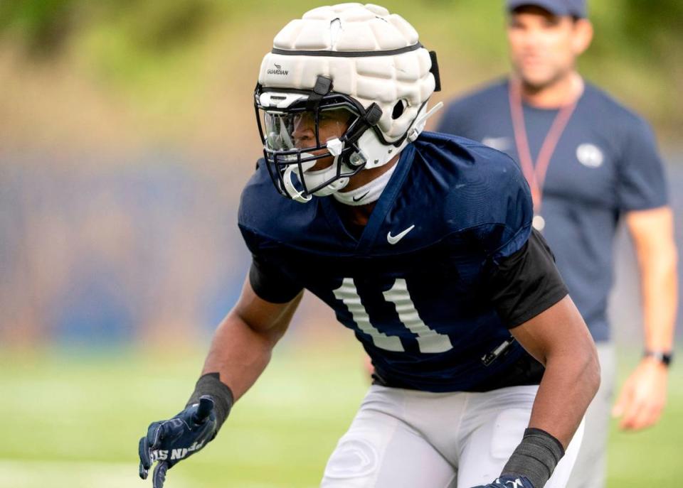 Penn State linebacker Abdul Carter runs a drill during practice on Tuesday, April 11, 2023. Abby Drey/adrey@centredaily.com