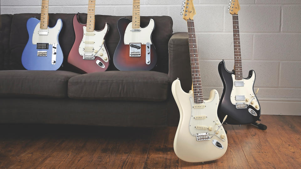 Collection of Fender Stratocaster and Telecaster guitars