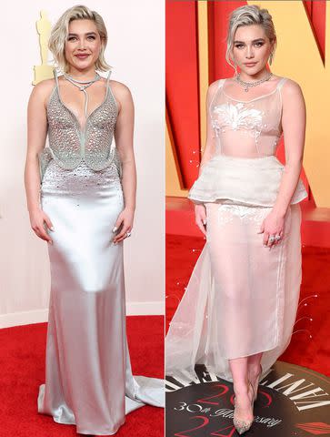 <p>Getty (2)</p> Florence Pugh at 2024 Oscars (left) and 2024 Vanity Fair Oscar Party.