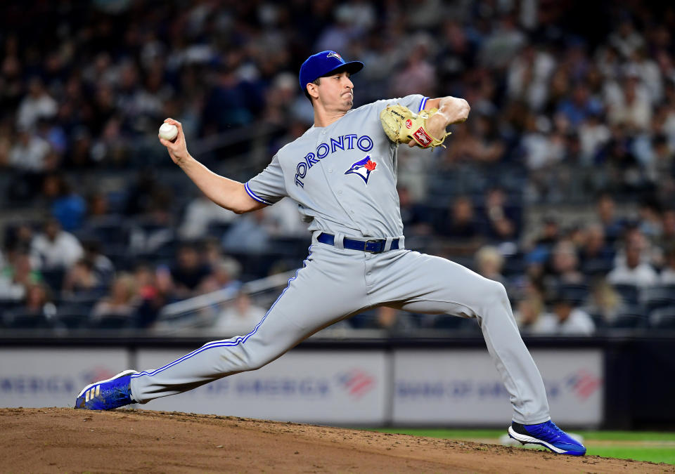NEW YORK, NEW YORK - SEPTEMBER 20: Jacob Waguespack #62 of the Toronto Blue Jays pitches during the second inning of their game against the New York Yankees at Yankee Stadium on September 20, 2019 in the Bronx borough of New York City. (Photo by Emilee Chinn/Getty Images)