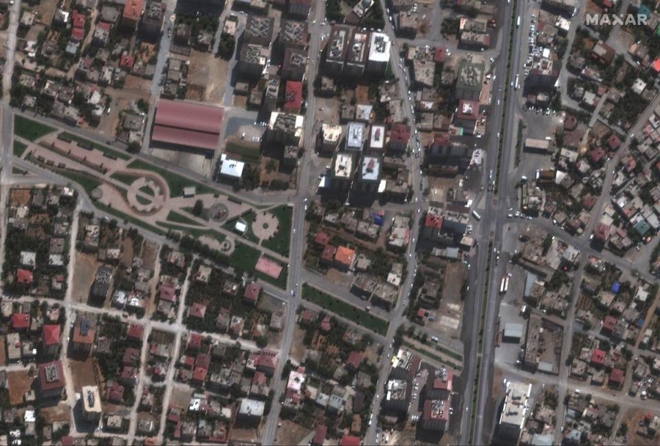 Buildings in Nurdagi, Turkey before the earthquake. (Satellite image ©2023 Maxar Technologies.)