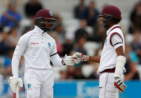 Cricket - England vs West Indies - Second Test - Leeds, Britain - August 29, 2017 West Indies' Shai Hope celebrates his 50 with Kraigg Brathwaite Action Images via Reuters/Lee Smith