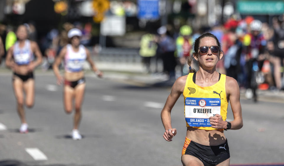 Fiona O'Keeffe extends her lead during the U.S. Olympic marathon trials in Orlando, Fla., Saturday, Feb. 3, 2024. O’Keeffe finished in a time 2 hours, 22 minutes, 10 seconds to break the American marathon trials mark of 2:25:38 set by Shalane Flanagan in 2012 in Houston. (Willie J. Allen Jr./Orlando Sentinel via AP)