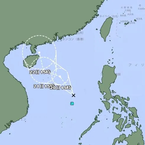 菲律賓西側海域的熱帶擾動增強為熱帶低氣壓。（圖／翻攝自日本氣象廳）