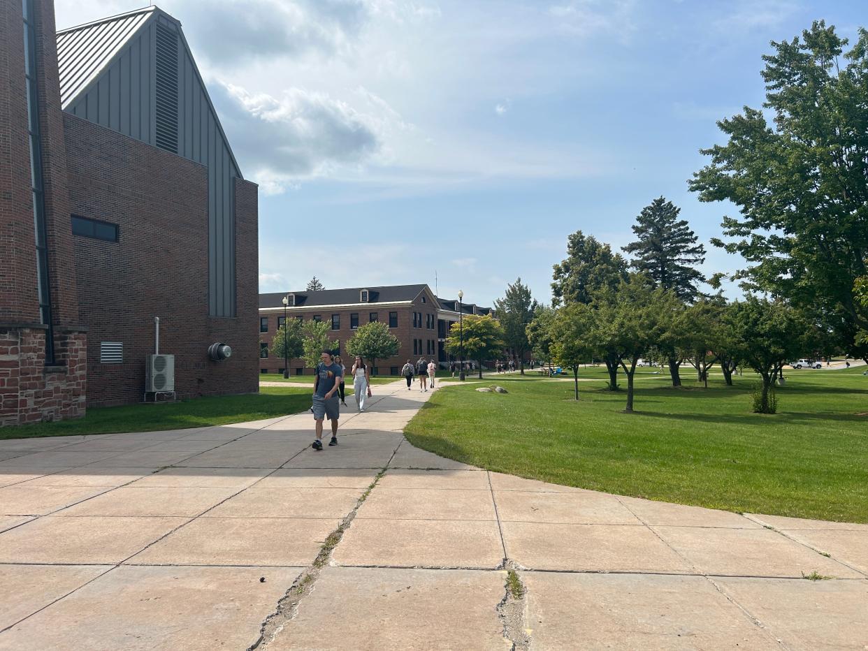 Students walk across the LSSU campus in Sault Ste. Marie.