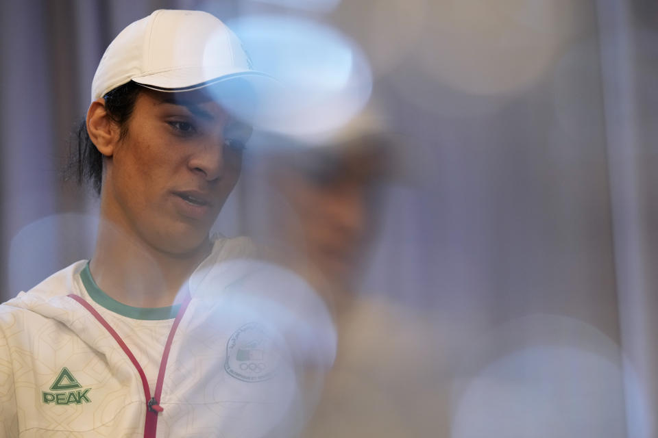 Algerian boxer Imane Khelif speaks during an interview with SNTV at the 2024 Summer Olympics, Sunday, Aug. 4, 2024, in Paris, France. (AP Photo/Vadim Ghirda)