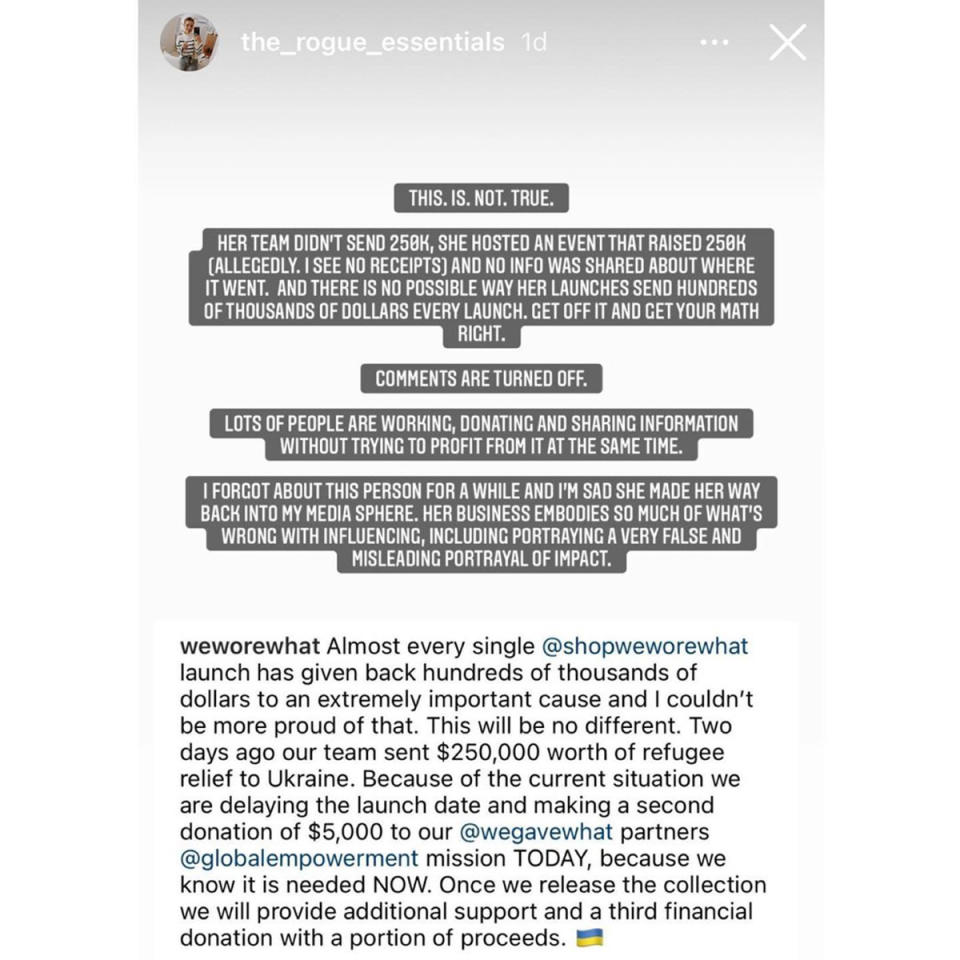 Heidi Kaluza, a sustainable fashion influencer who posts under @the_rogue_essentials, claims Danielle's $250,000 donation was 'not true'. Photo: Instagram/the_rogue_essentials